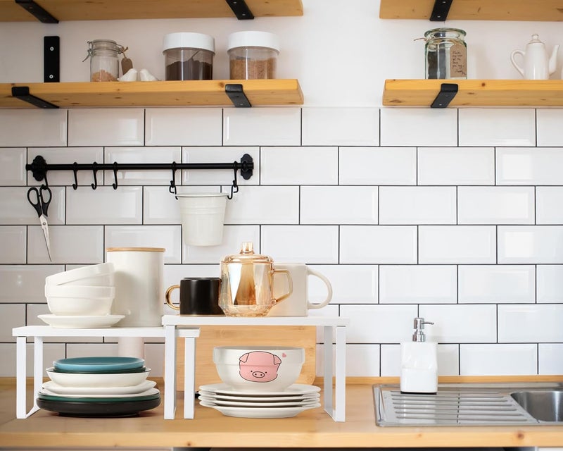 Marsui 4 Pcs Kitchen Organizer Accessories Set Cabinet Organizer Shelf and Bamboo Dish Drying Plate Rack Counter Shelves Storage Holder for Spice Rack, Dish, Pot Lid, Bowl, Cup (White) - Image 5